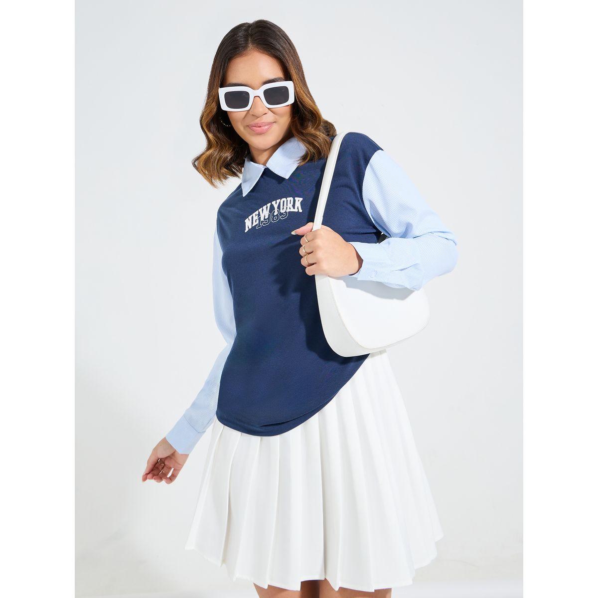 Styli Elevate Contrast Striped Sleeves Printed Top-women-clothing-shirtsandblouses-blouses-image-2