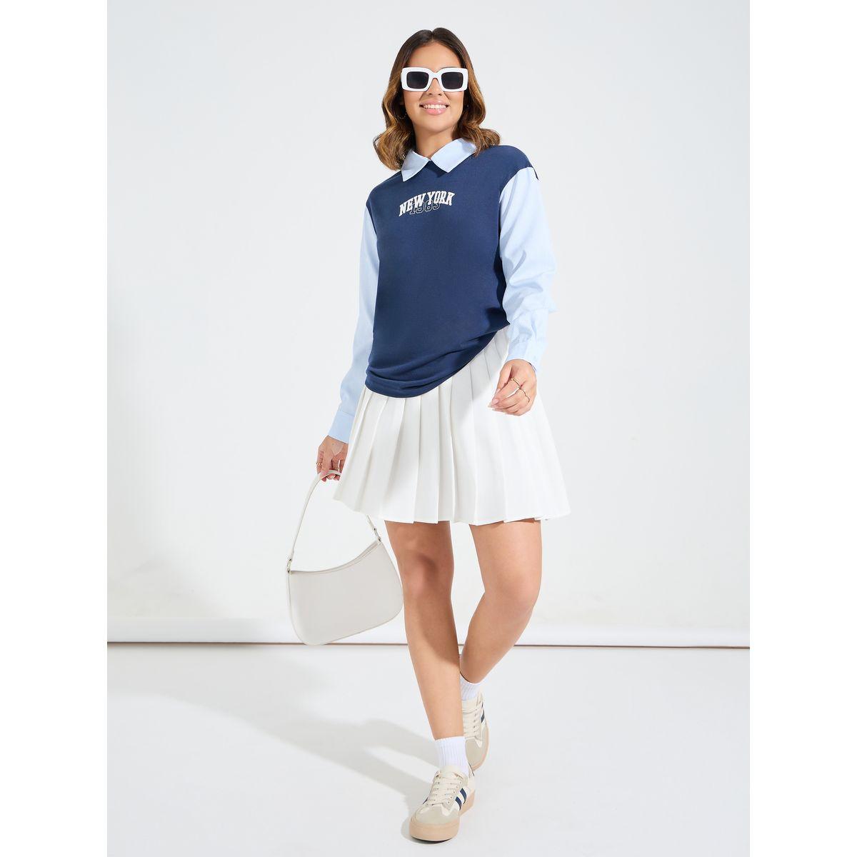 بلوزة مطبعة بكتابة مع تداخلات مخططة ومُتباينة-women-clothing-shirtsandblouses-blouses-image-3