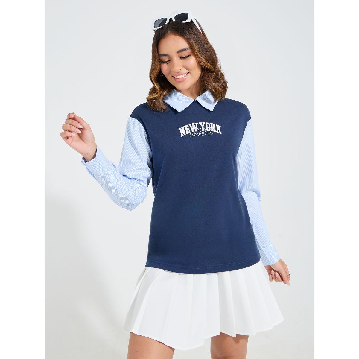 Styli Elevate Contrast Striped Sleeves Printed Top-women-clothing-shirtsandblouses-blouses-image-4
