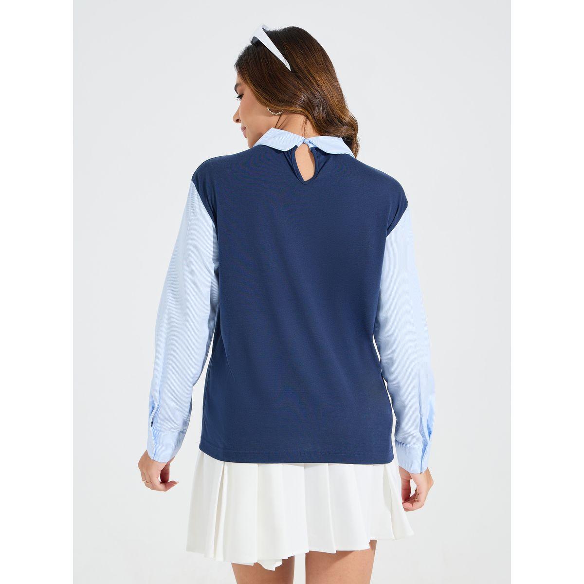 بلوزة مطبعة بكتابة مع تداخلات مخططة ومُتباينة-women-clothing-shirtsandblouses-blouses-image-5