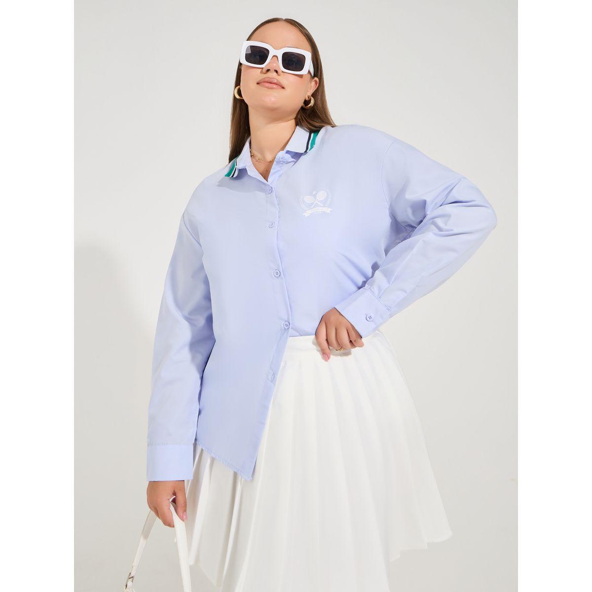 Styli Plus Size Oversized Button Down Shirt with Logo Detail-women-clothing-shirtsandblouses-shirts-image-2