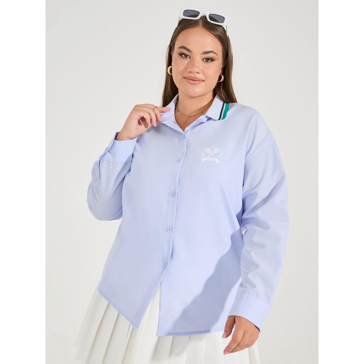 Styli Plus Size Oversized Button Down Shirt with Logo Detail-women-clothing-shirtsandblouses-shirts-image-3