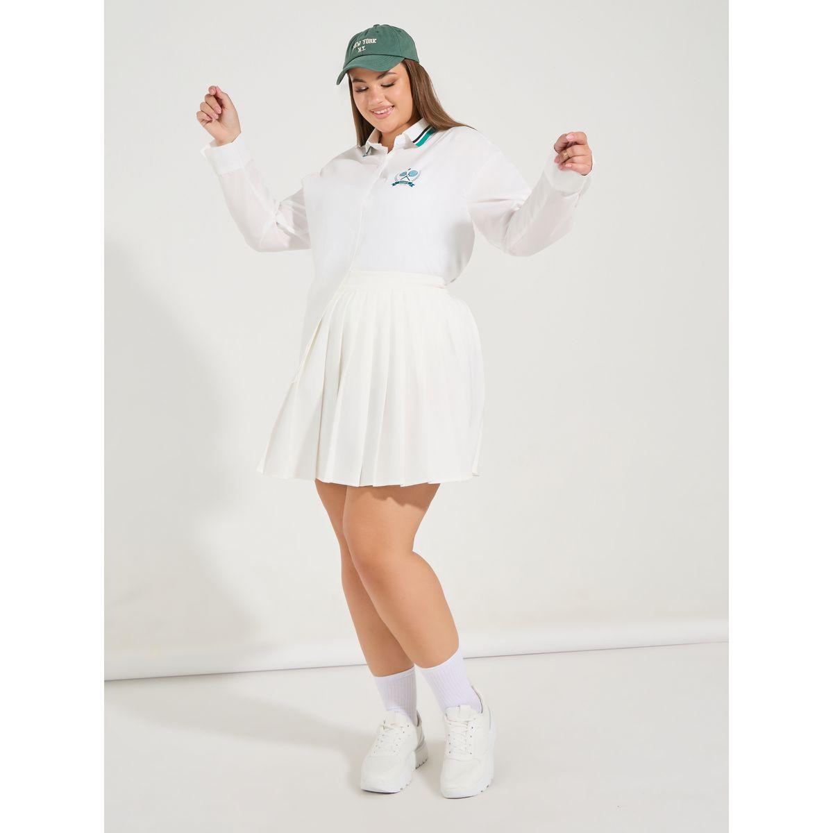 Styli Plus Size Oversized Button Down Shirt with Logo Detail-women-clothing-shirtsandblouses-shirts-image-1