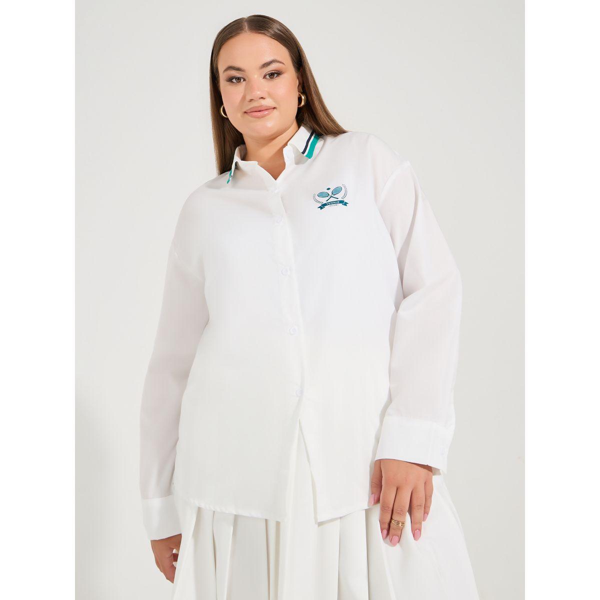 Styli Plus Size Oversized Button Down Shirt with Logo Detail-women-clothing-shirtsandblouses-shirts-image-3