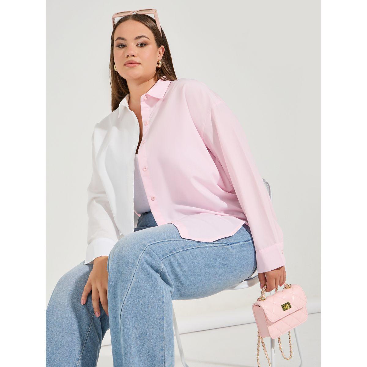 Styli Plus Size Color Block Oversized Button Down Shirt-women-clothing-shirtsandblouses-shirts-image-1
