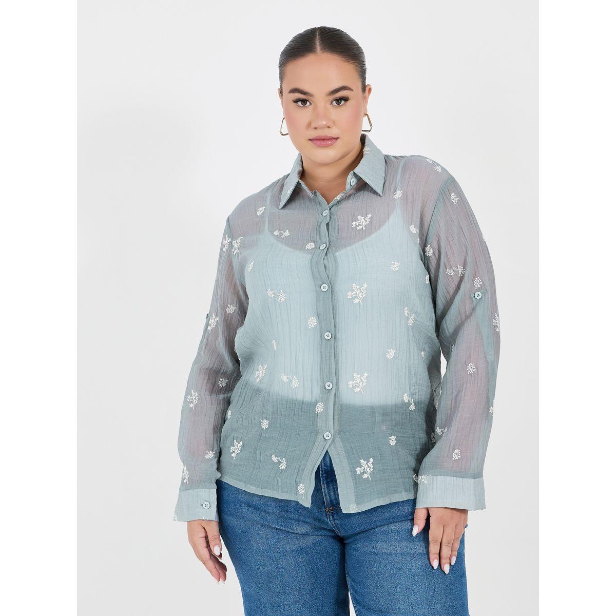 Styli Plus Size Embroidered Shirt with Roll-Up Sleeves-women-clothing-shirtsandblouses-shirts-image-1