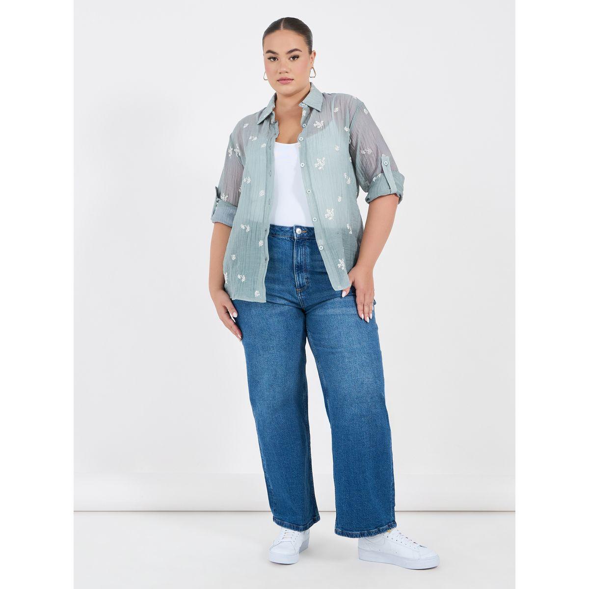 Styli Plus Size Embroidered Shirt with Roll-Up Sleeves-women-clothing-shirtsandblouses-shirts-image-3