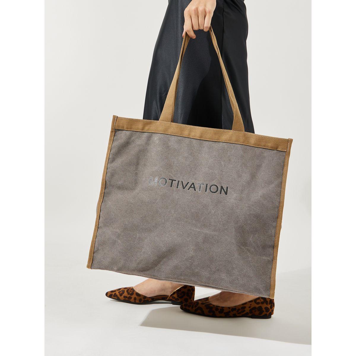 Styli Slogan Print Tote Bag with Zip Closure-women-bagsandwallets-handbags-image-3