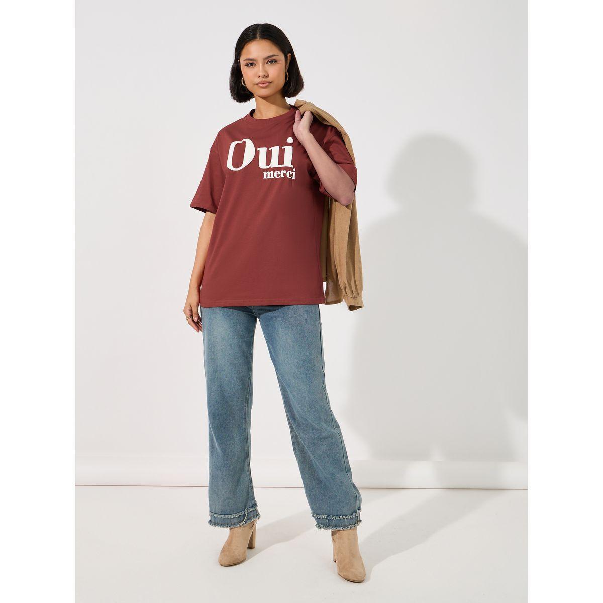 تيشيرت فضفاض مطبع بطبعة كتابة-women-clothing-tshirts-image-2