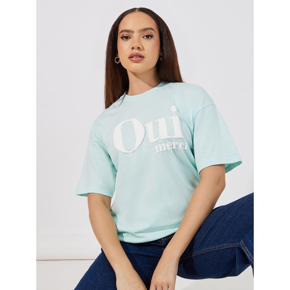 Styli Oversized Puff Print Oui Merci Slogan T-Shirt-women-clothing-tshirts-image-1