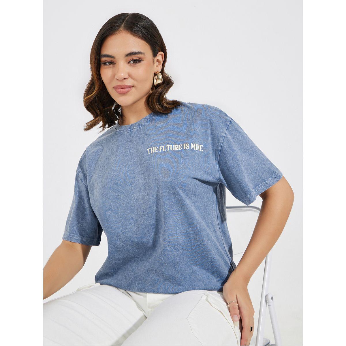 Styli Acid Wash Future Slogan T-Shirt with Dropped Shoulder-women-clothing-tshirts-image-1