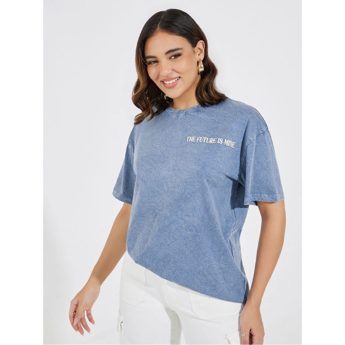 Styli Acid Wash Future Slogan T-Shirt with Dropped Shoulder-women-clothing-tshirts-image-3
