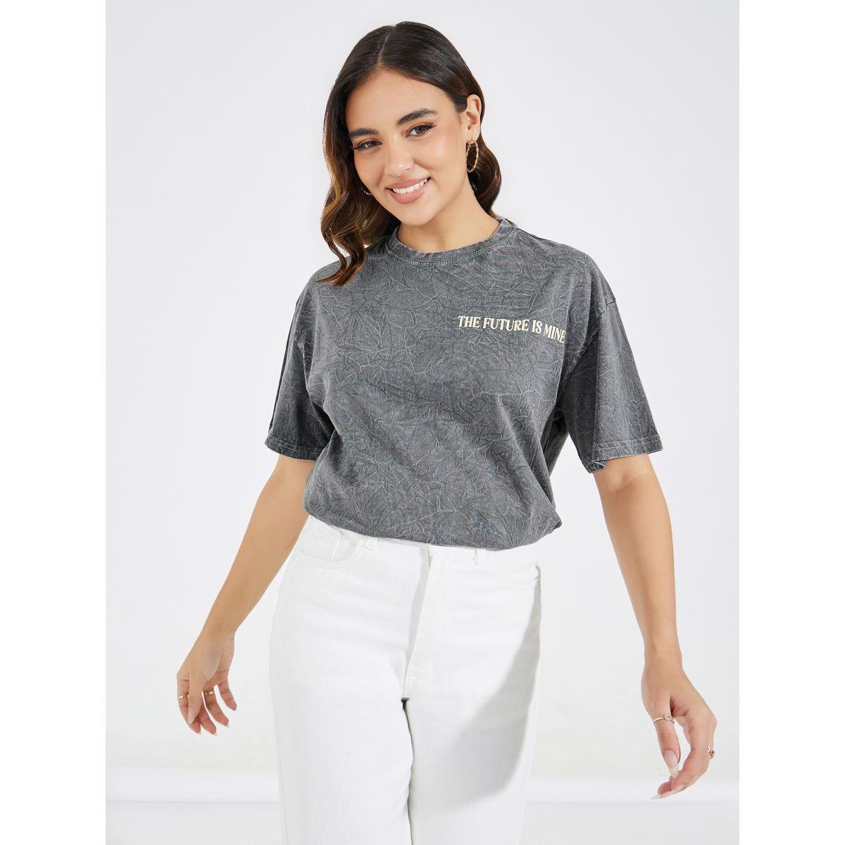 Styli Acid Wash Future Slogan T-Shirt with Dropped Shoulder-women-clothing-tshirts-image-1