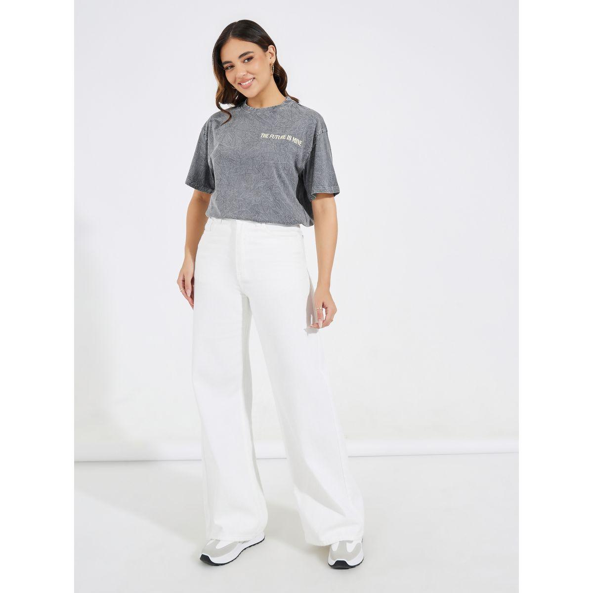 Styli Acid Wash Future Slogan T-Shirt with Dropped Shoulder-women-clothing-tshirts-image-2