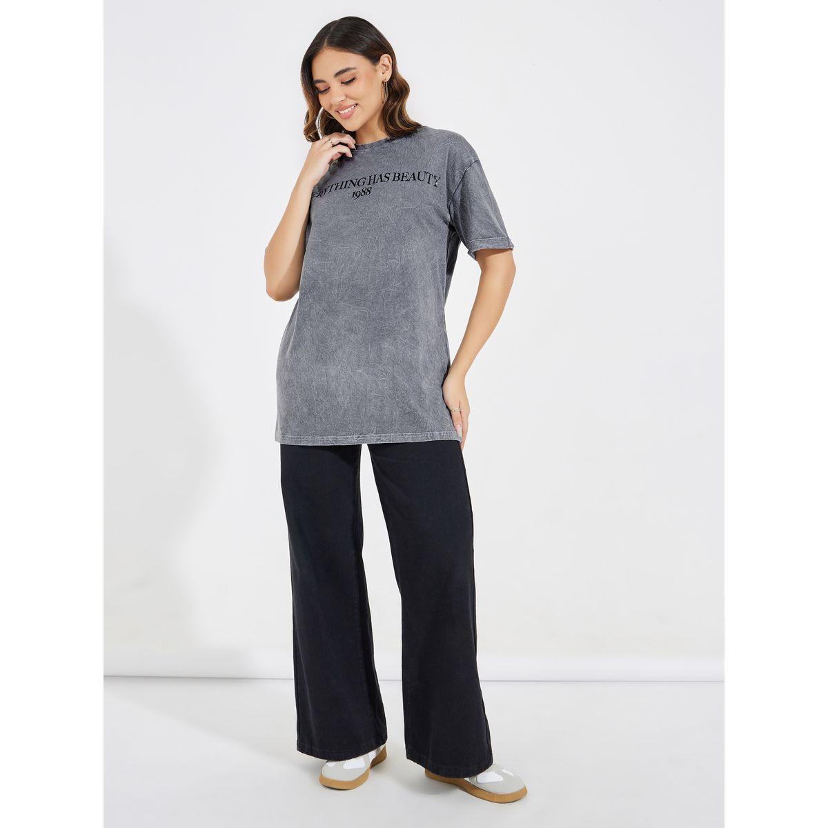 Styli Faded Wash Beauty Slogan T-Shirt with Turn-Up Sleeves-women-clothing-tshirts-image-2