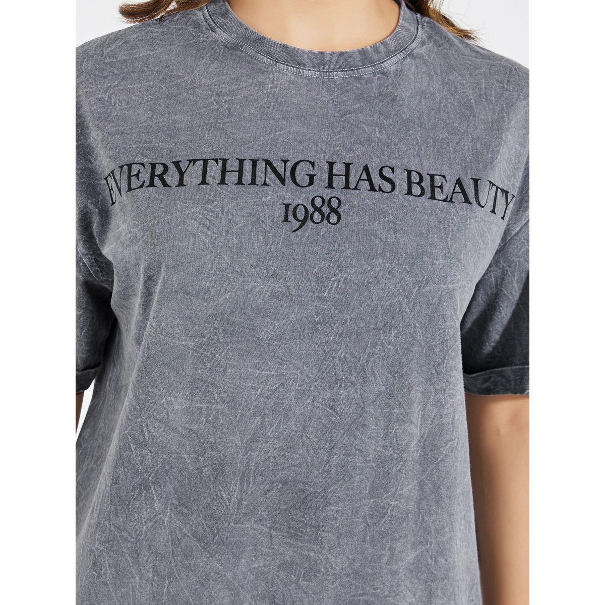 Styli Faded Wash Beauty Slogan T-Shirt with Turn-Up Sleeves-women-clothing-tshirts-image-3