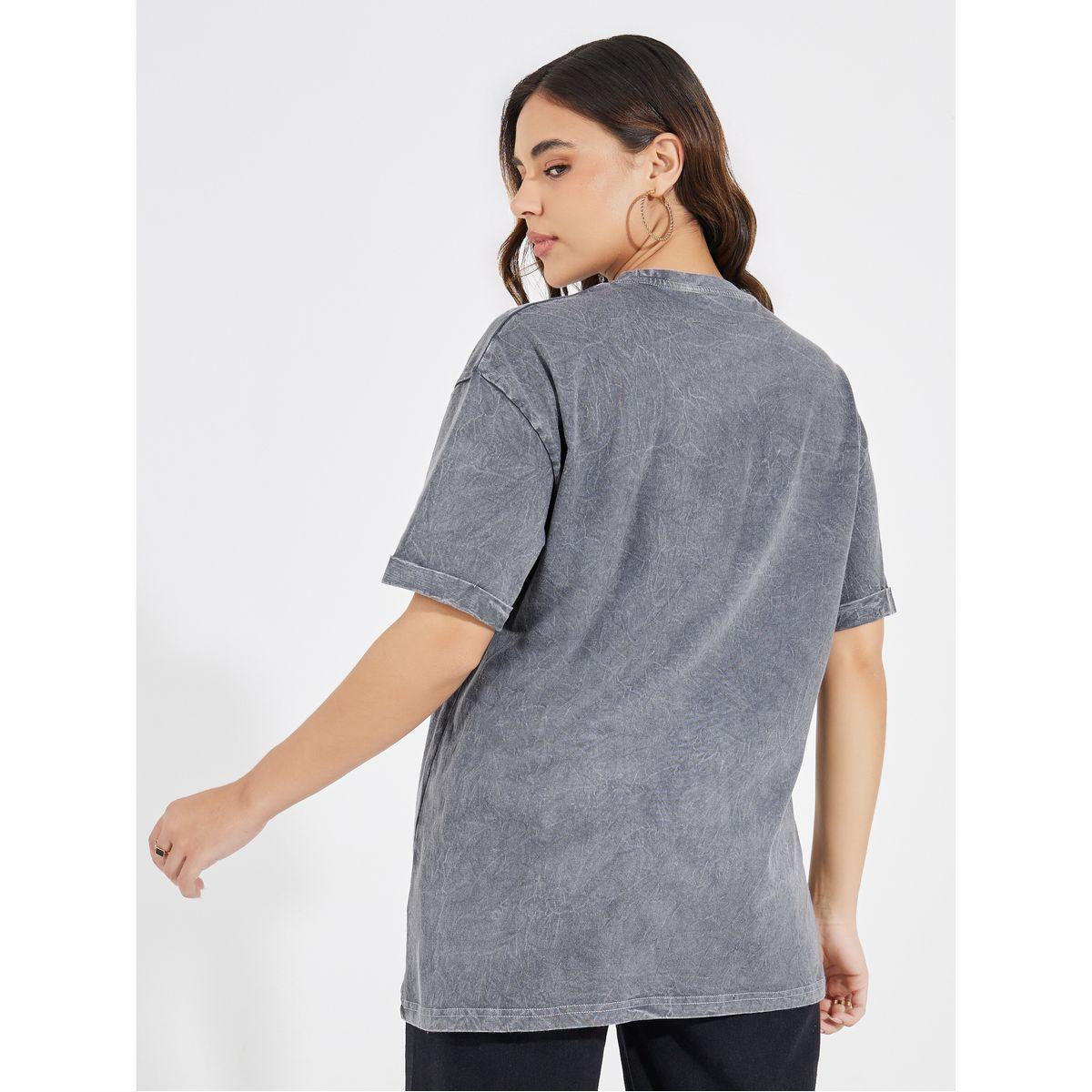 Styli Faded Wash Beauty Slogan T-Shirt with Turn-Up Sleeves-women-clothing-tshirts-image-4