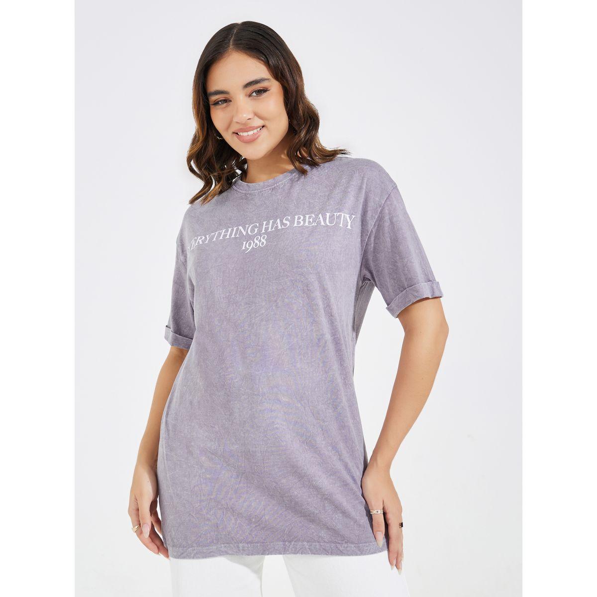 تيشيرت مطبع بطبعة كتابة مع أكمام ملفوفة-women-clothing-tshirts-image-1