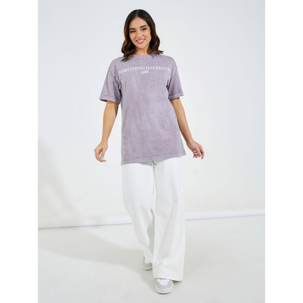 Styli Faded Wash Beauty Slogan T-Shirt with Turn-Up Sleeves-women-clothing-tshirts-image-2