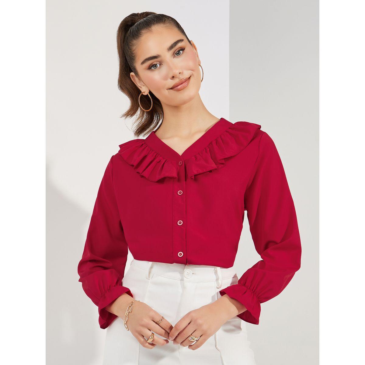 Styli Solid Ruffle Trim Long Sleeves Shirt-women-clothing-shirtsandblouses-shirts-image-1