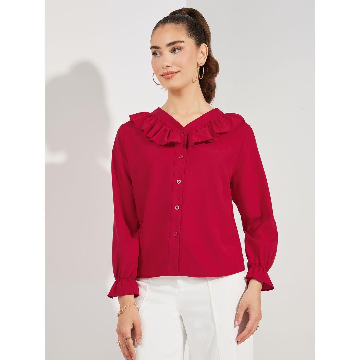 Styli Solid Ruffle Trim Long Sleeves Shirt-women-clothing-shirtsandblouses-shirts-image-3