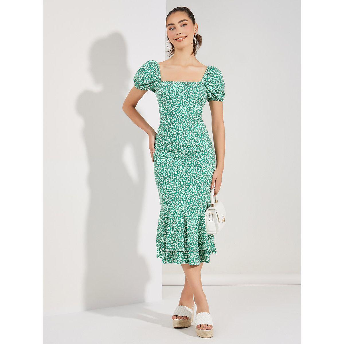 Styli Floral Shirred Ruffle Hem Bodycon Midi Dress-women-clothing-dresses-image-1