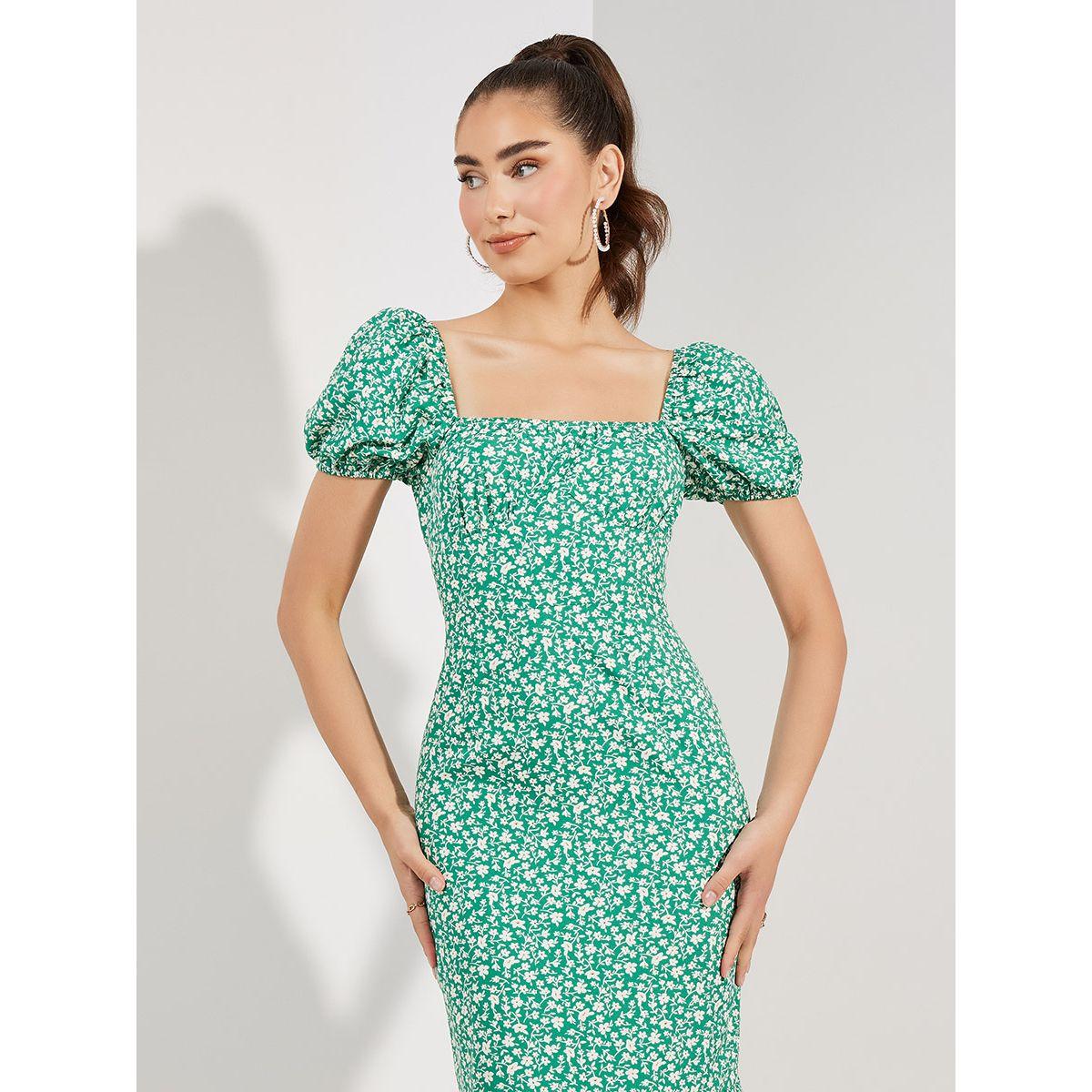 Styli Floral Shirred Ruffle Hem Bodycon Midi Dress-women-clothing-dresses-image-2