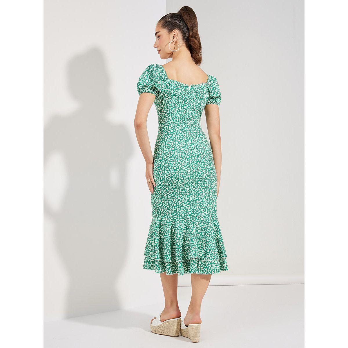 Styli Floral Shirred Ruffle Hem Bodycon Midi Dress-women-clothing-dresses-image-4