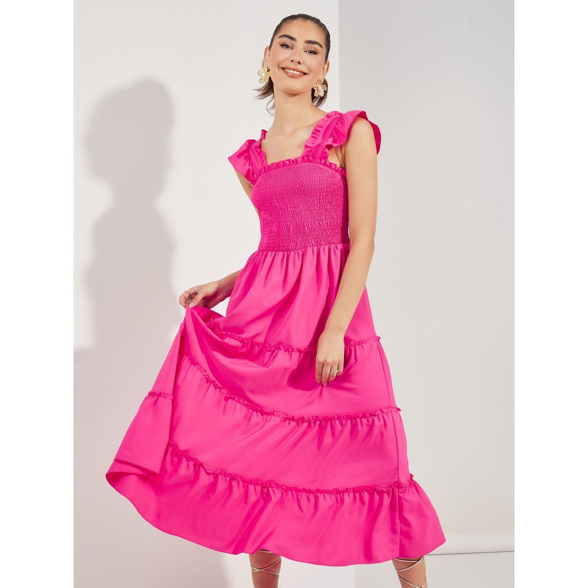 فستان ميدي بياقة واسعة واكمام بكشكش-women-clothing-dresses-image-2
