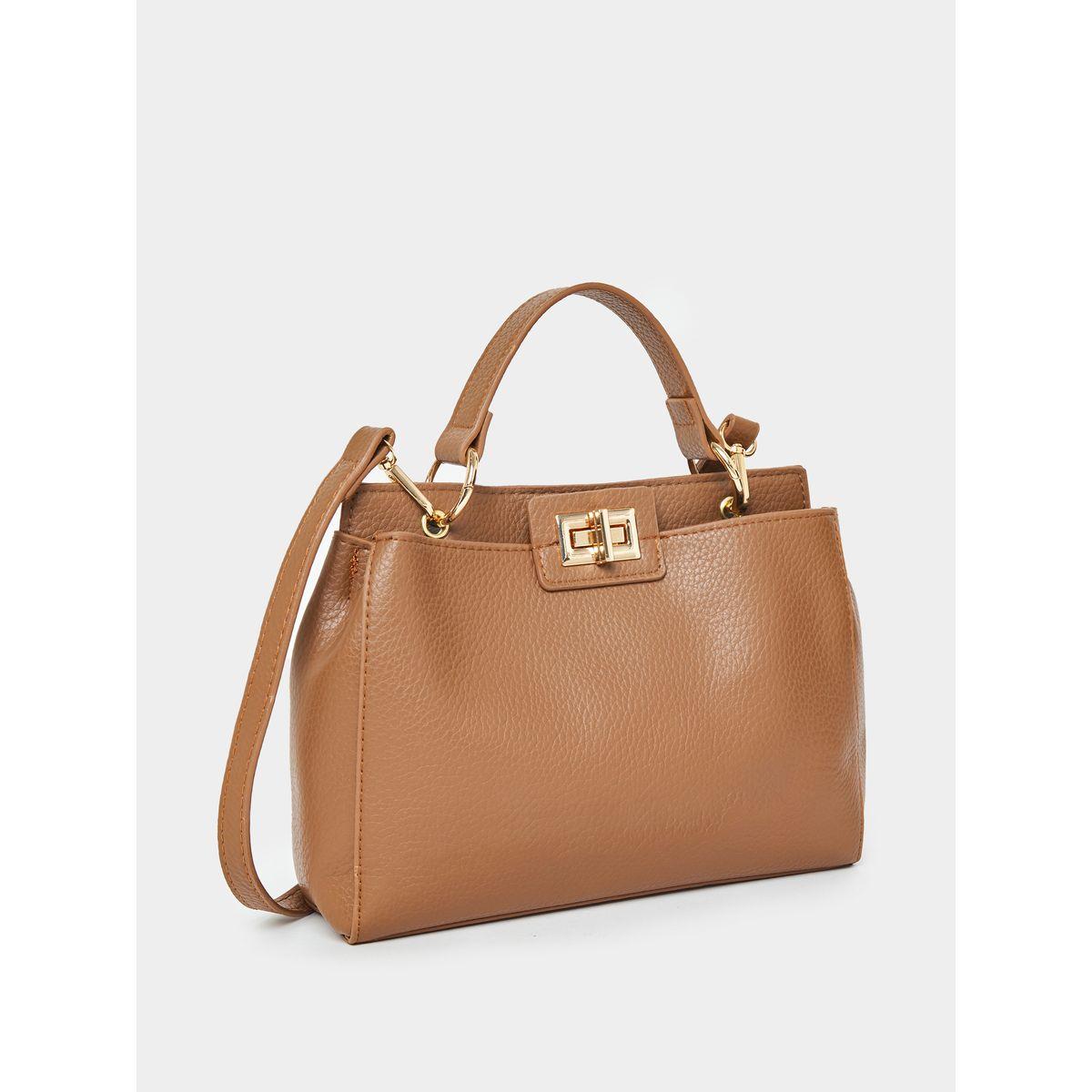 Styli Textured Satchel Handbag with Turn Lock-women-bagsandwallets-handbags-image-1