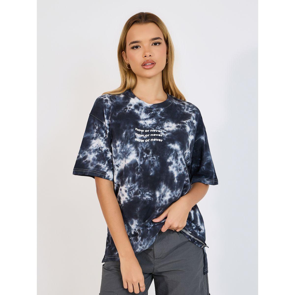Styli Elevate Tie Dye Slogan Print T-Shirt with Short Sleeves-women-clothing-tshirts-image-1