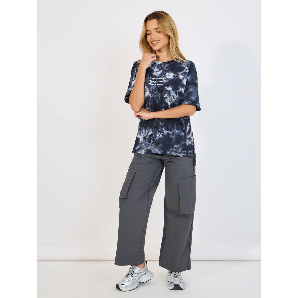 Styli Elevate Tie Dye Slogan Print T-Shirt with Short Sleeves-women-clothing-tshirts-image-2