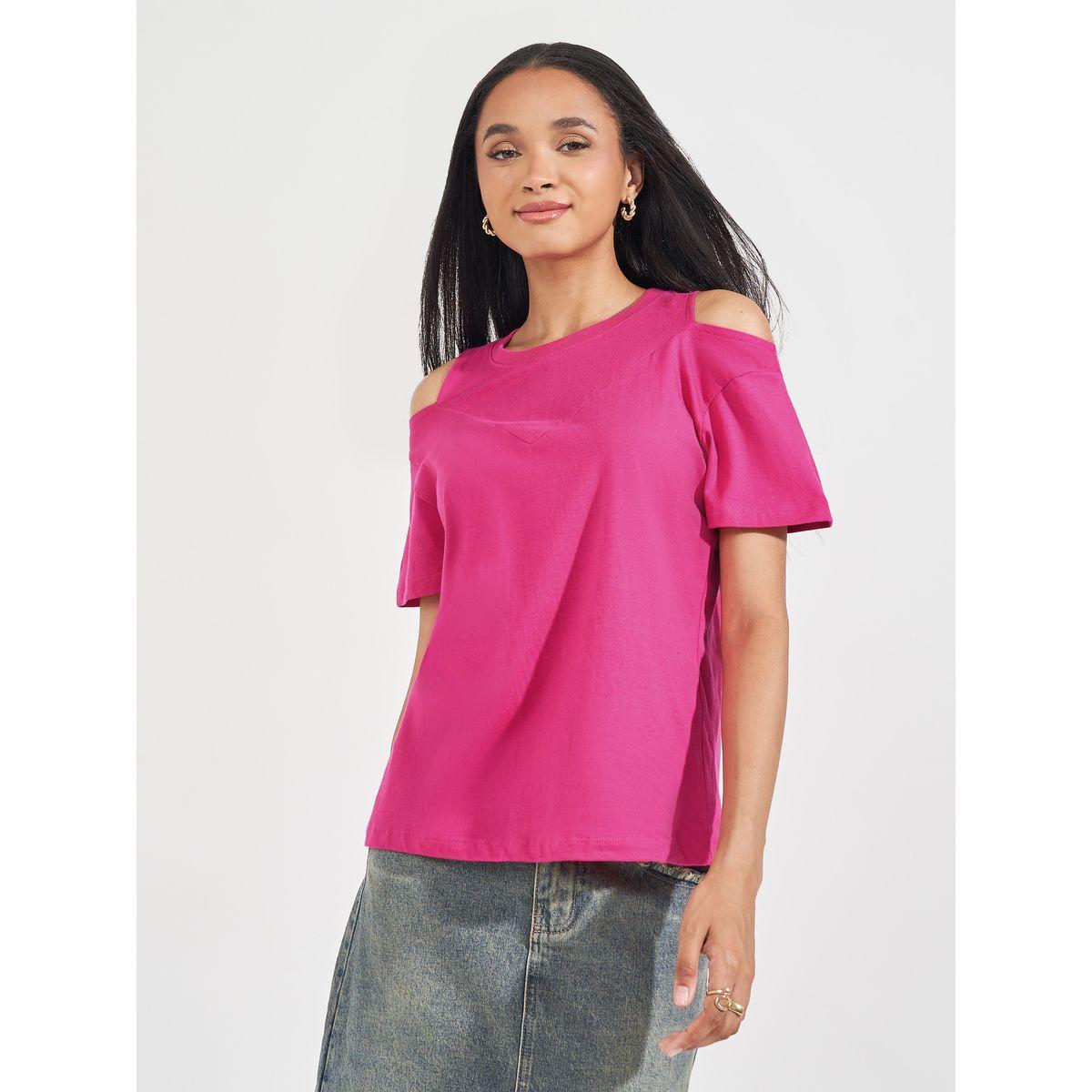 Styli Elevate Cotton Jersey Cold Shoulder Sleeves T-Shirt-women-clothing-tshirts-image-1