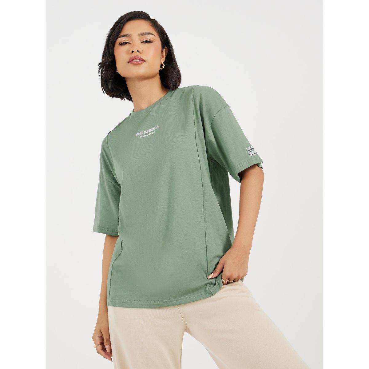 Styli Oversized T-Shirt with Print and Badge Detail-women-clothing-tshirts-image-1