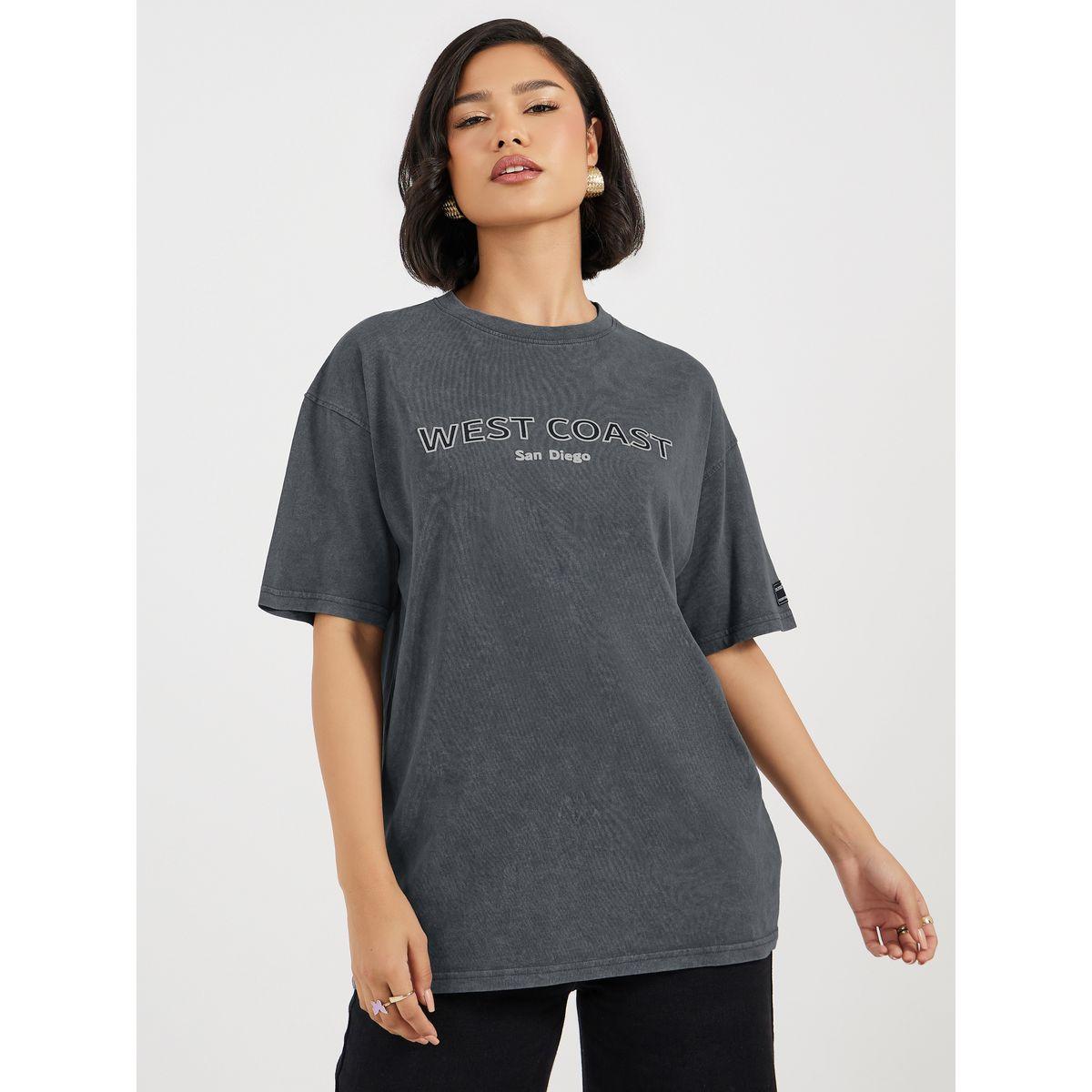 Styli Acid Washed Oversized T-Shirt with Print Detail-women-clothing-tshirts-image-1