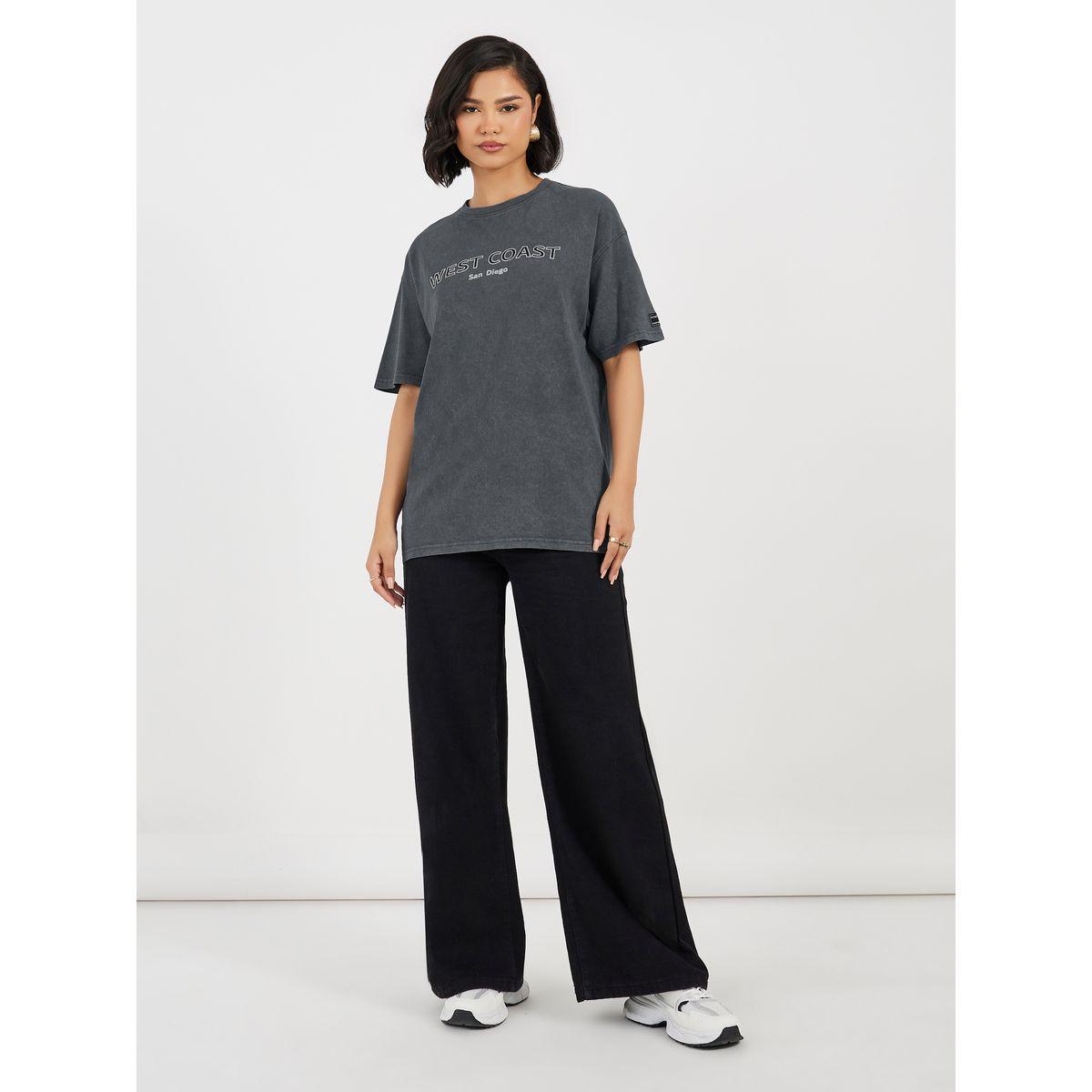 Styli Acid Washed Oversized T-Shirt with Print Detail-women-clothing-tshirts-image-2