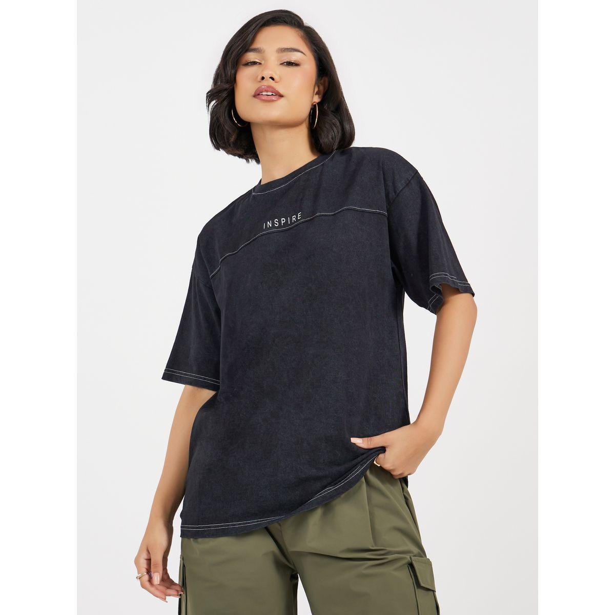Styli Oversized T-Shirt With Print and Acid Wash In Single Jersey Fabric-women-clothing-tshirts-image-1