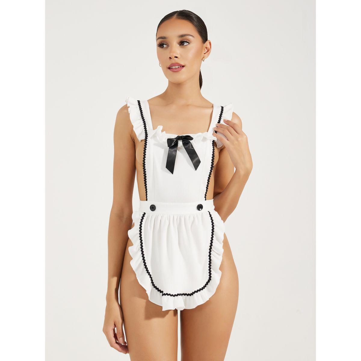 Styli Contrast Satin Bow & Piping Apron Dress Up Babydoll & Thong Set-women-clothing-lingerie-babydollsandbodysuits-image-1