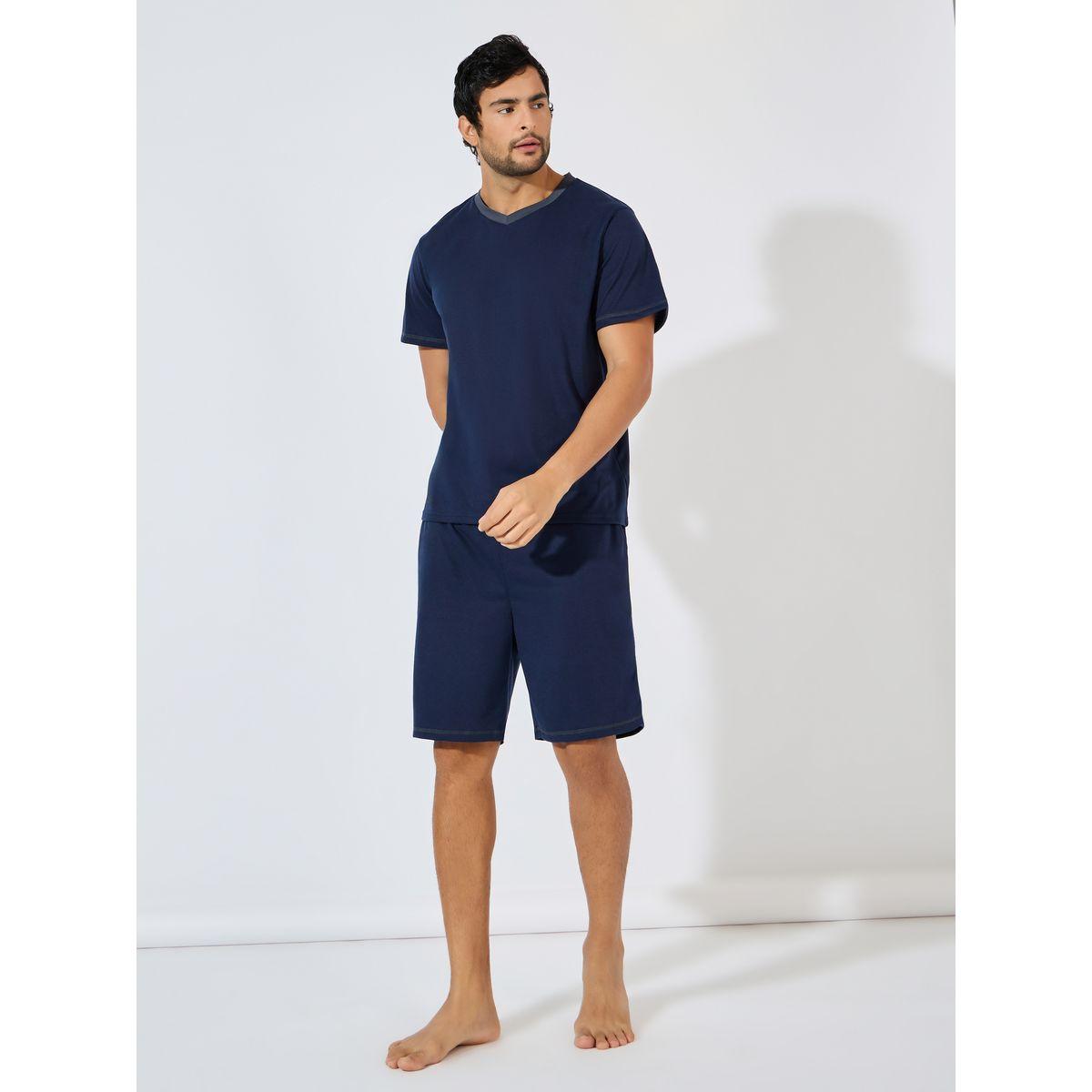 Styli Unwind Contrast Trim V Neck  T-Shirt & Shorts Set-men-clothing-nightwear-sets-image-1