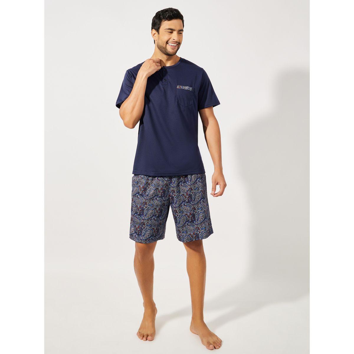 Styli Unwind Henley Neck T-Shirt & Paisley Print Shorts Set-men-clothing-nightwear-sets-image-1