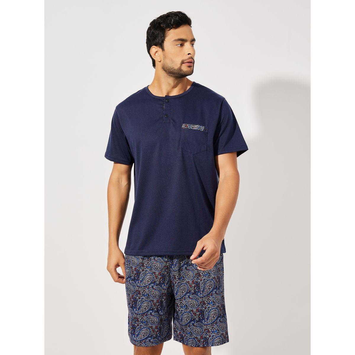 Styli Unwind Henley Neck T-Shirt & Paisley Print Shorts Set-men-clothing-nightwear-sets-image-2