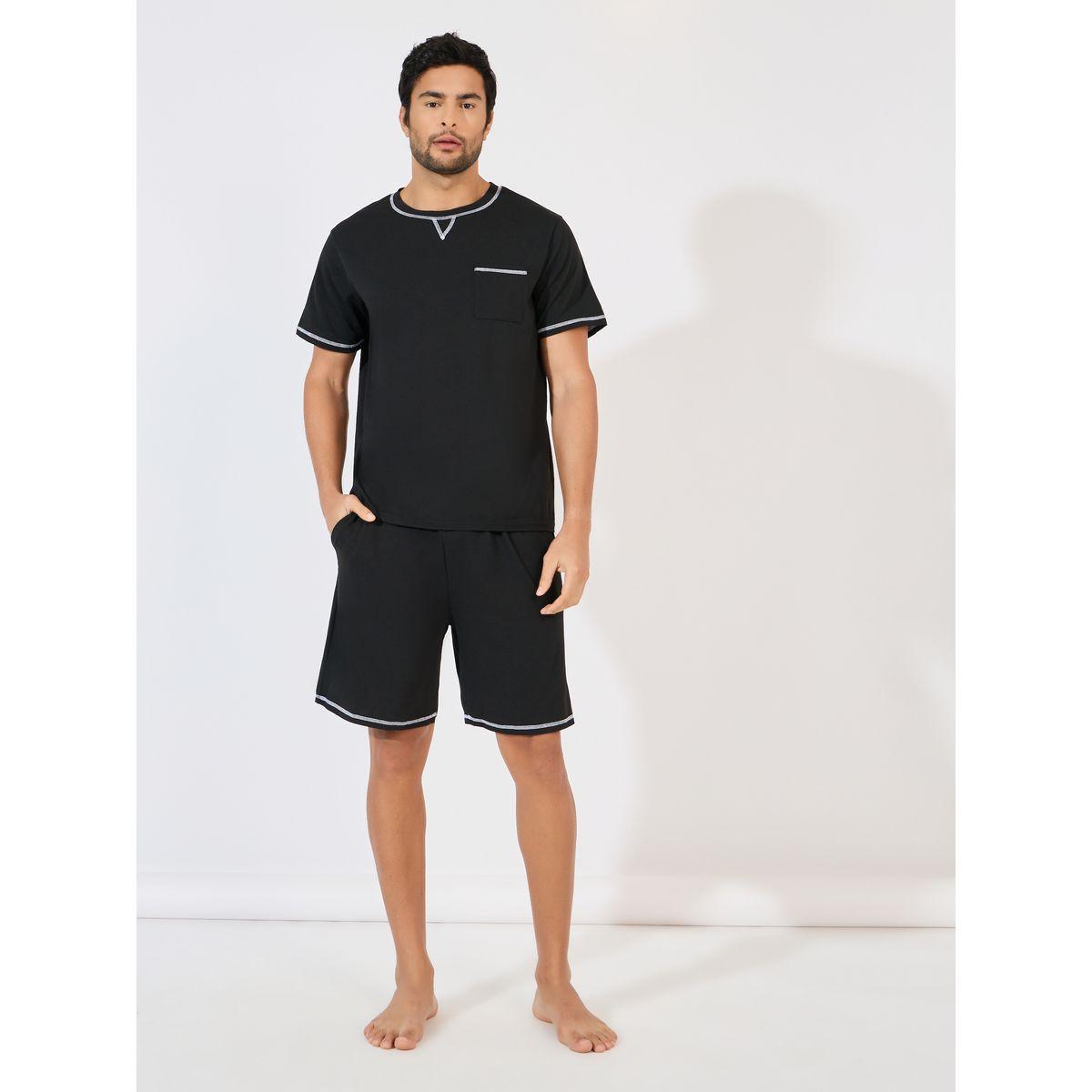Styli Unwind Contrast Stitch Detail T-Shirt & Shorts Set-men-clothing-nightwear-sets-image-1