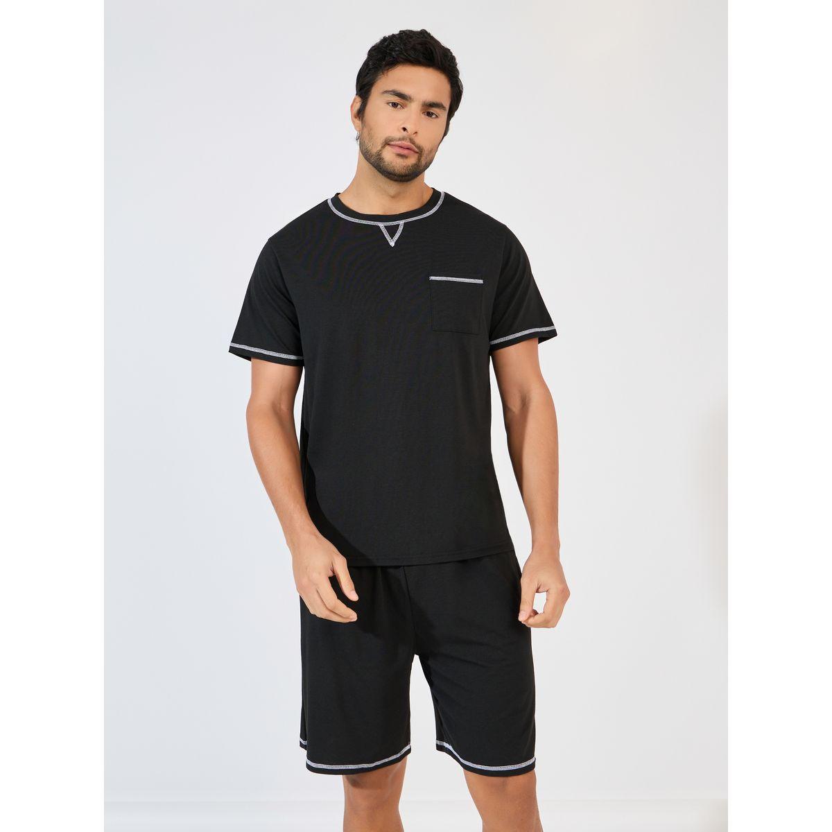 Styli Unwind Contrast Stitch Detail T-Shirt & Shorts Set-men-clothing-nightwear-sets-image-2