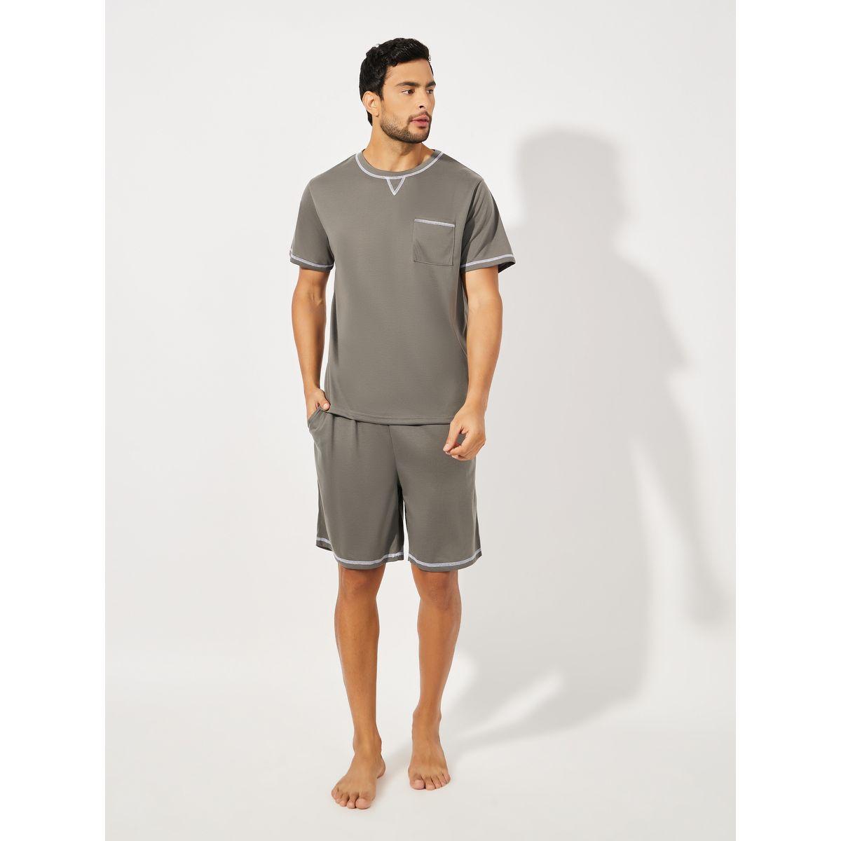 Styli Unwind Contrast Stitch Detail T-Shirt & Shorts Set-men-clothing-nightwear-sets-image-1