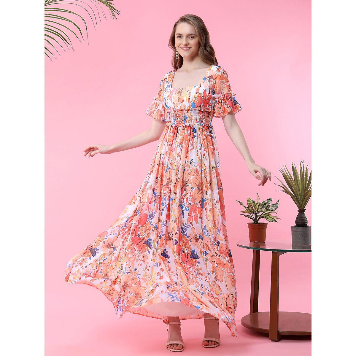 فستان طويل مزين بزهور مع خصر مزموم ميش × ستايلي-women-clothing-dresses-image-1