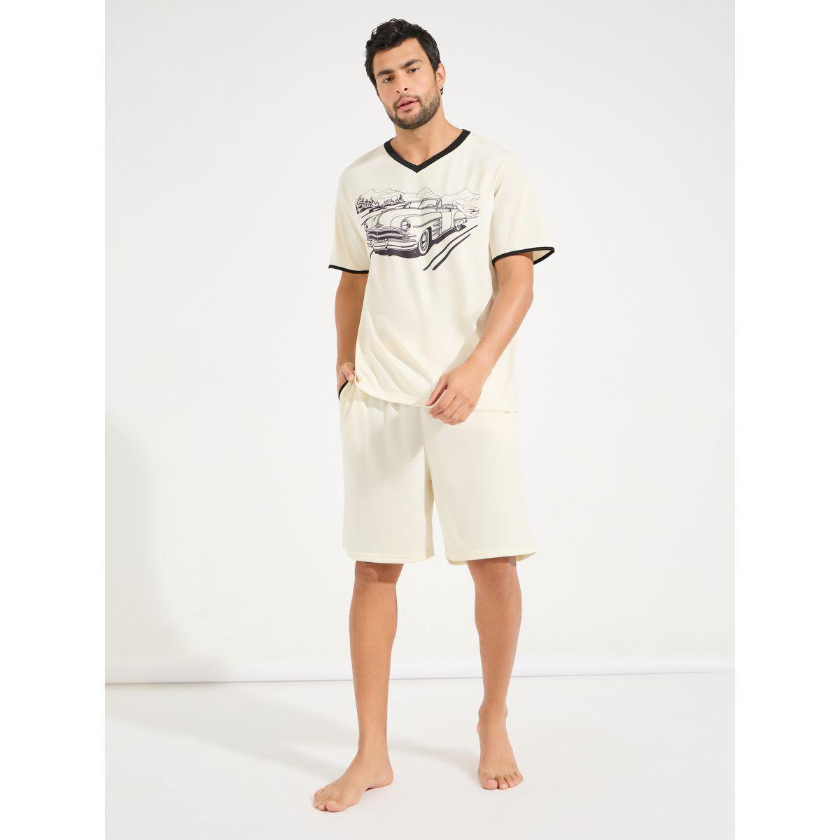 Styli Unwind Contrast V Neck Graphic Print T-Shirt & Shorts Set-men-clothing-nightwear-sets-image-1