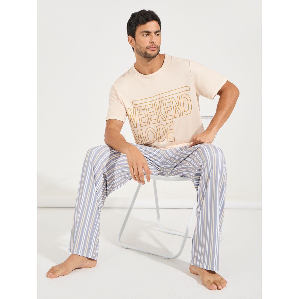 Styli Unwind Slogan Print T-Shirt & Striped Pyjama Set-men-clothing-nightwear-sets-image-1