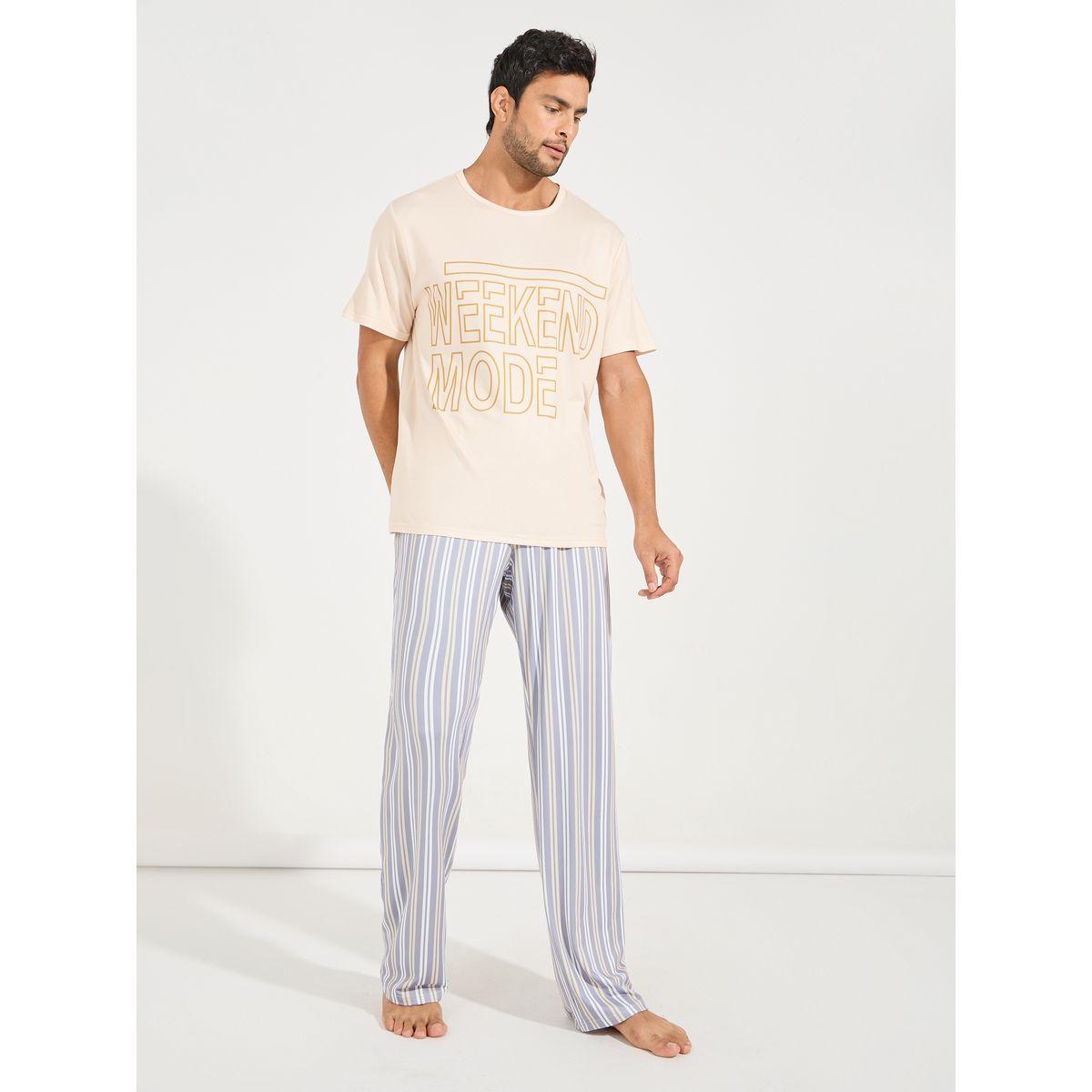 Styli Unwind Slogan Print T-Shirt & Striped Pyjama Set-men-clothing-nightwear-sets-image-2