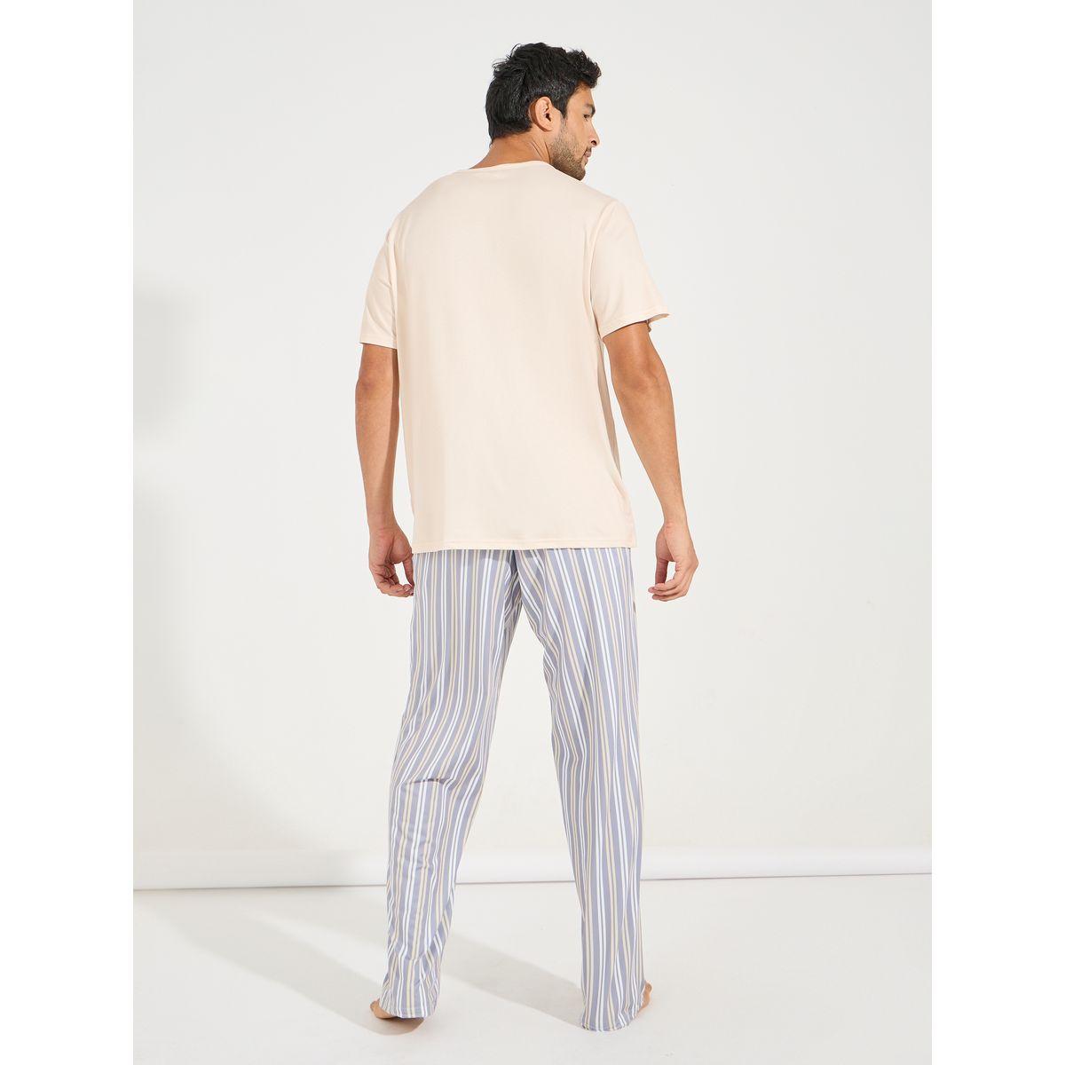 Styli Unwind Slogan Print T-Shirt & Striped Pyjama Set-men-clothing-nightwear-sets-image-5
