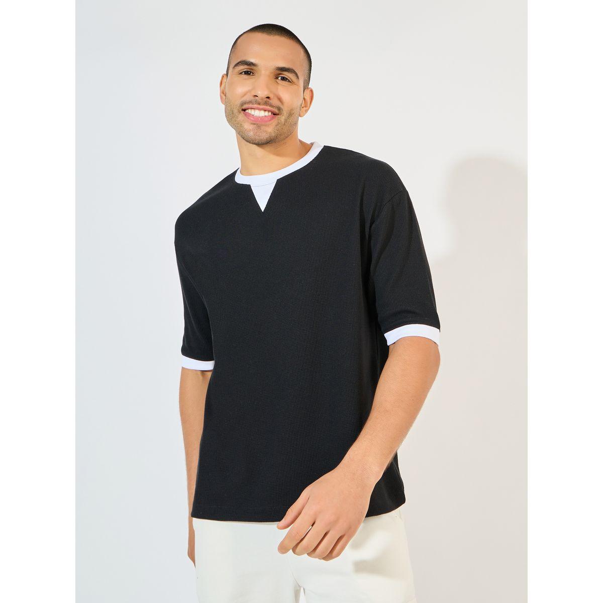 تيشيرت فضفاض محبوك بنمط وافل-men-clothing-tshirtsandpolos-tshirts-image-1